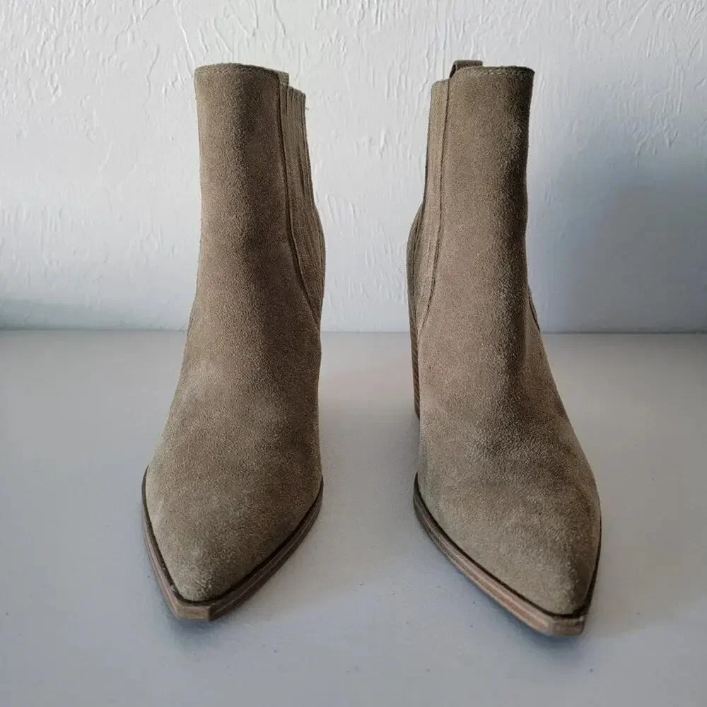Marc Fisher Suede Marela Ankle Boots Womens 9 Tan Almond Toe Pull On - Picture 3 of 9